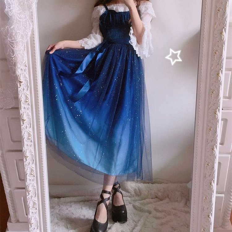 Galaxy Blue/Black Starry Fairy Dress SP179990