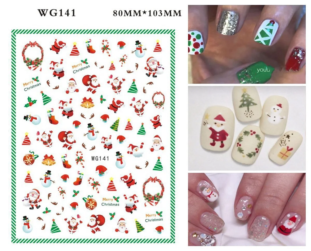 Merry Christmas 3D Nails Sticker Winter Cute Cartoon Sliders Snowflake Elk Xmas Tree Decal UV Gel Polisn Manicures Foils Decor-Nail Inspo