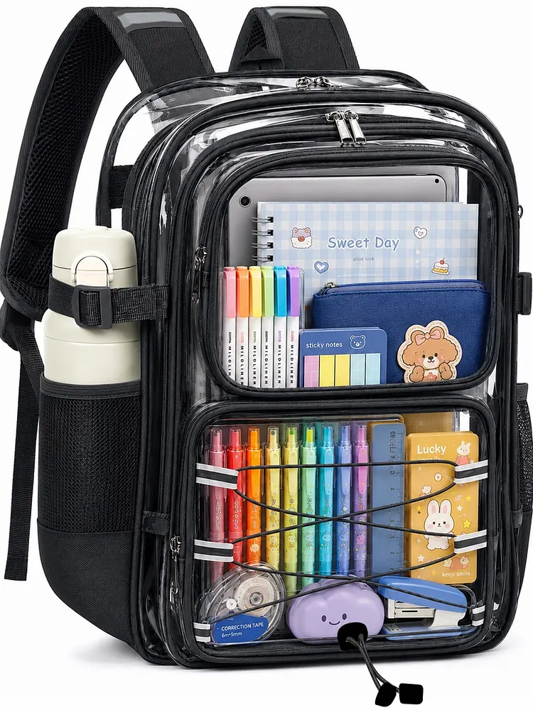 SANMADROLA Clear Backpack School Backpack Bookbag Transparent Bag Large Heavy Duty Stadium Approved See Through Backpack Waterproof PVC with Reinforced Strap for School Work Travel with Reflective