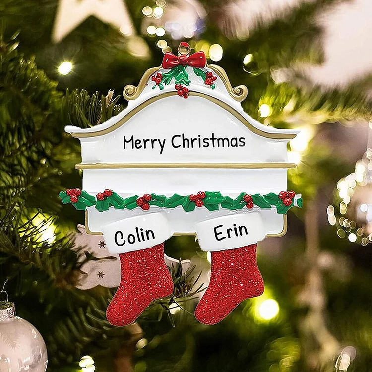 Personalized Red Stockings Ornament Custom 2 Names Gifts for Family