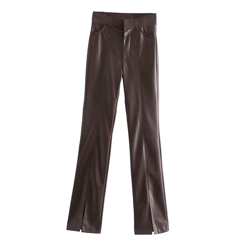 Budgetg Fashion Faux Leather Brown Women Flare Trousers Office Ladies Autunrn Winter Vintage Leather Pants