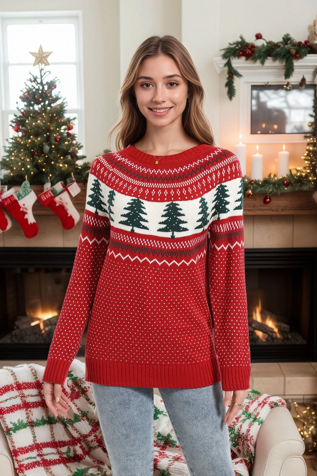 Athvotar Athvotar And Winter New Christmas Sweater Women Loose Knitted Green Pine Embroidered Clothes On The Head