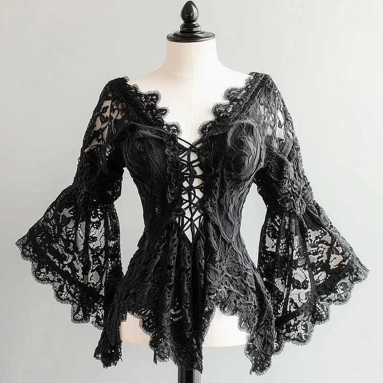 Ursime Lace Splicing V Neck Lace-Up Flare Sleeve Blouse