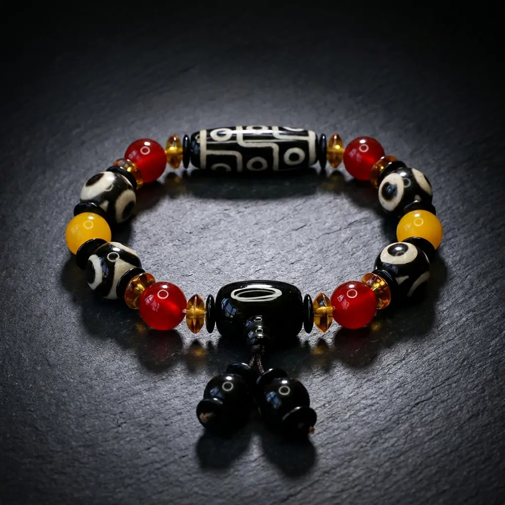 Celestial Nine-Eyed Dzi Bead & Agate Statement Bracelet Eternal Wisdom (Dzi & Agate)-Standard 11mm (Comfort Fit)