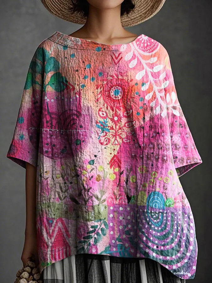 Women's Art Floral Hippie Print Round Neck Half Sleeves