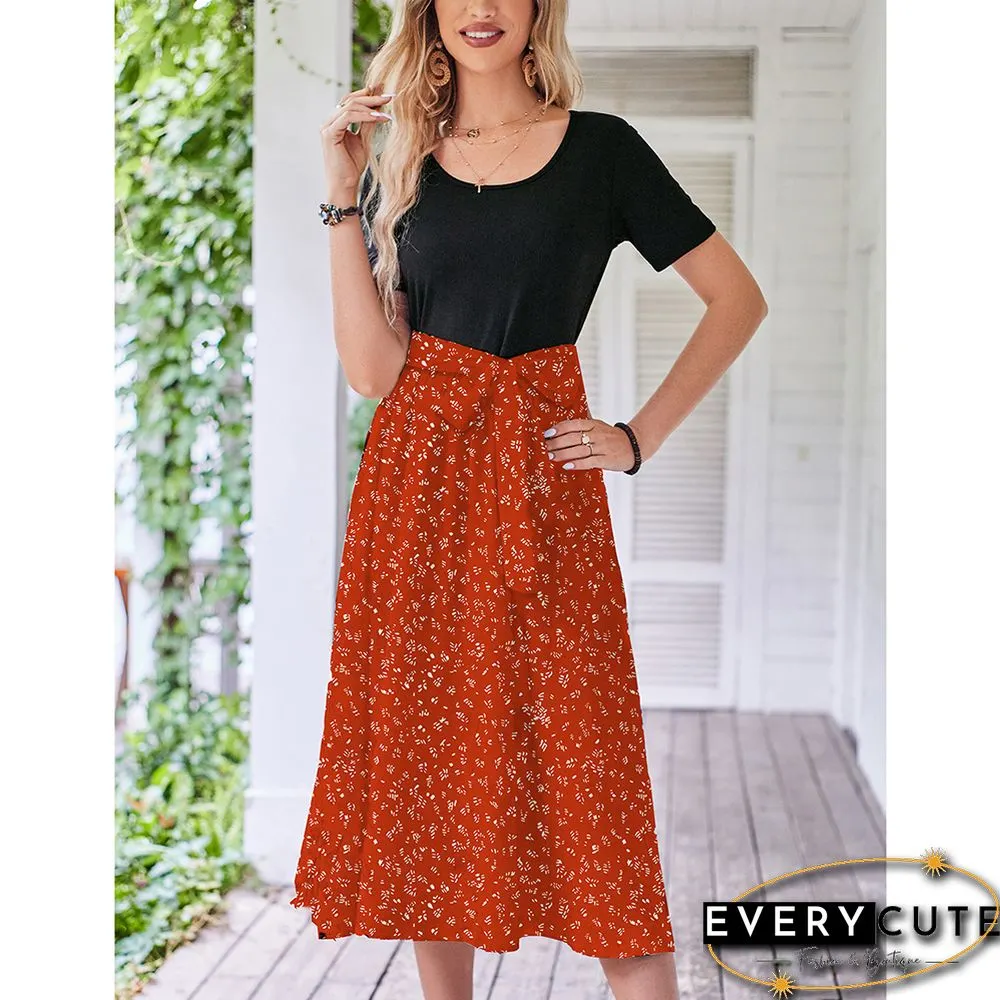 Orange Floral Print Spliced Short Sleeve Dress