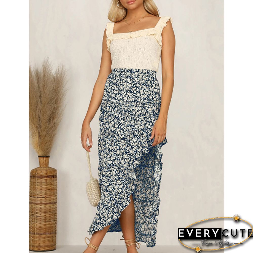 Navy Blue Elastic Waist High Low Ruffled Floral Skirt