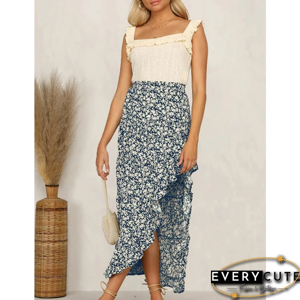 Navy Blue Elastic Waist High Low Ruffled Floral Skirt