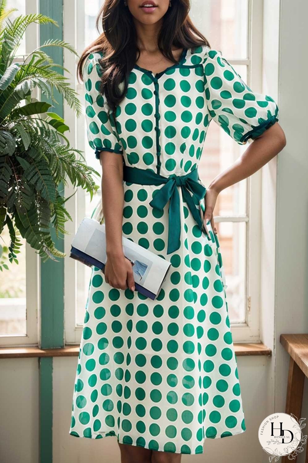 stylish printed high waist polka dot midi dress