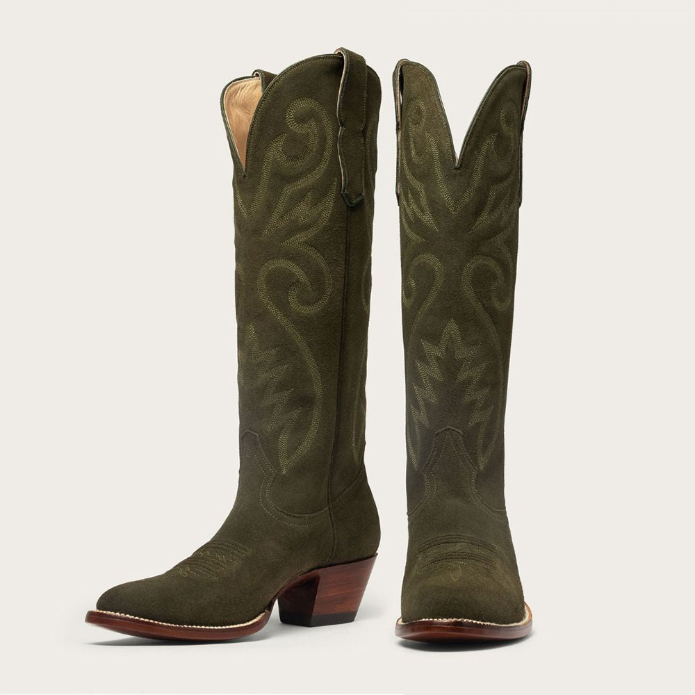 Fashion Olive Snip Toe Chunky Heel Pull-On Embroidered Cowgirl Boots Nicepairs