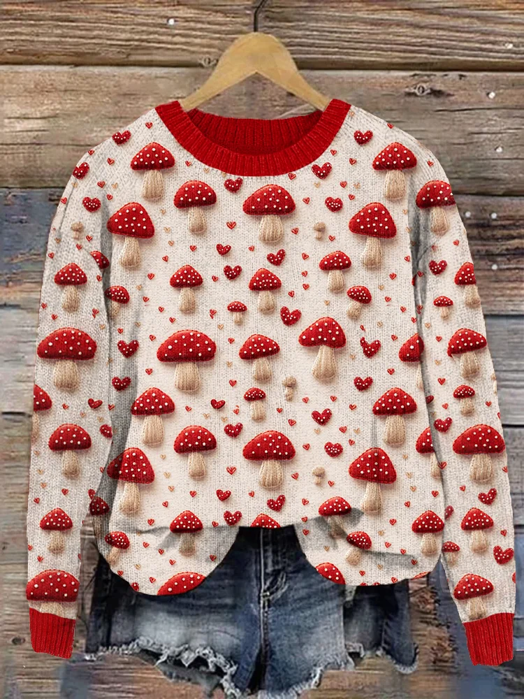 VChics Mushrooms & Hearts Embroidery Art Casual Cozy Knitted Sweater