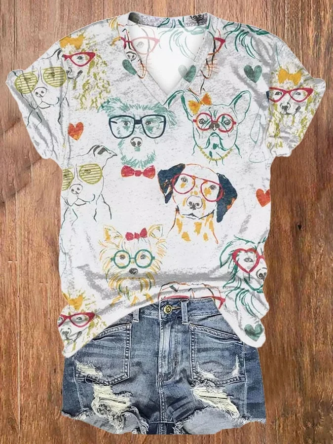 Women's Dogs Print V Neck T-shirt