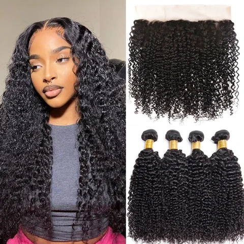 12A 3PCS + 13X4/13X6 Transparent Lace Frontal Kinky Curly 3 Bundles with Transparent Lace Frontal