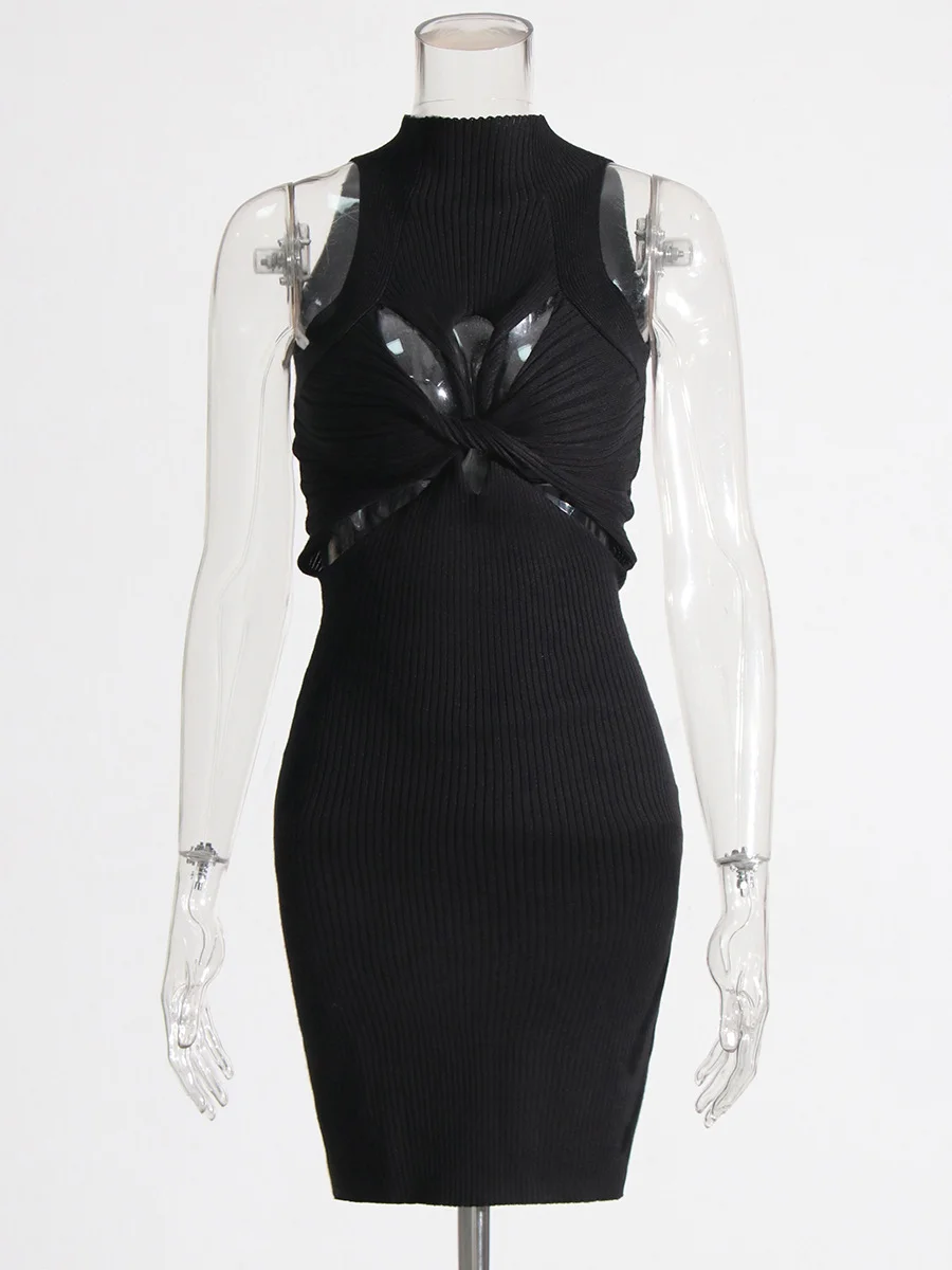 Brownm Spring 2025 New Hollow Knitted Vest Dress Slimy And Sexy Short-Packed Dress