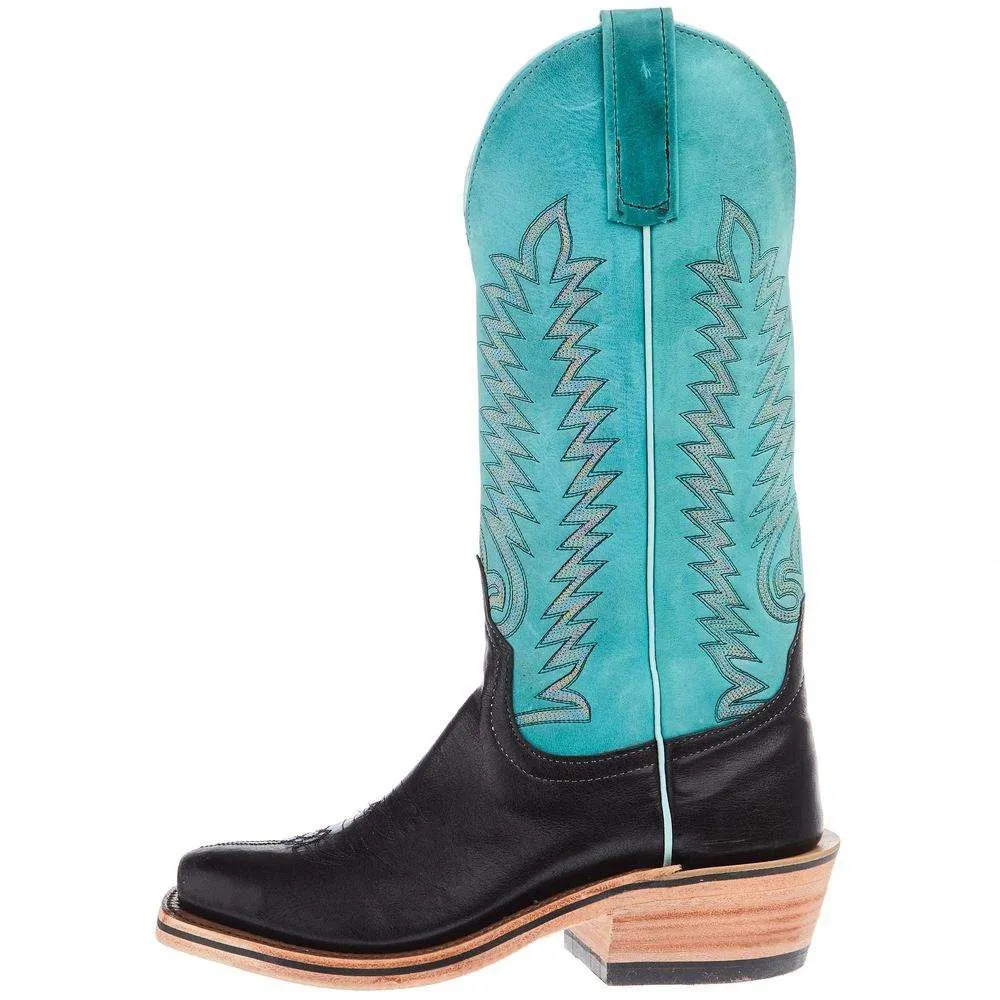 Black & Turquoise Embroidered Square Toe Stacked Heel Cowgirl Boots