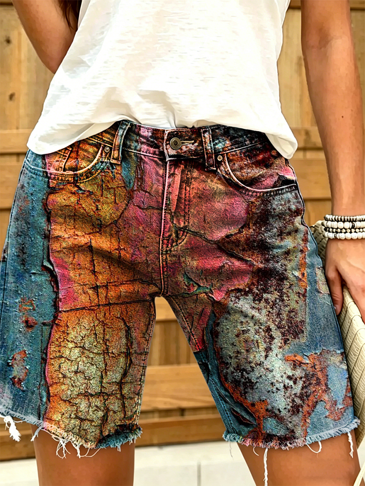 Women's Retro Colorful Art Print Casual Washed Cotton Denim Shorts