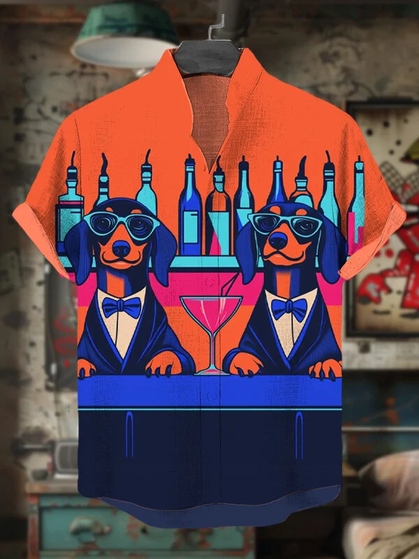 Men's International Dog Day Dachshund Cocktail Bar Print Short Sleeve Shirt