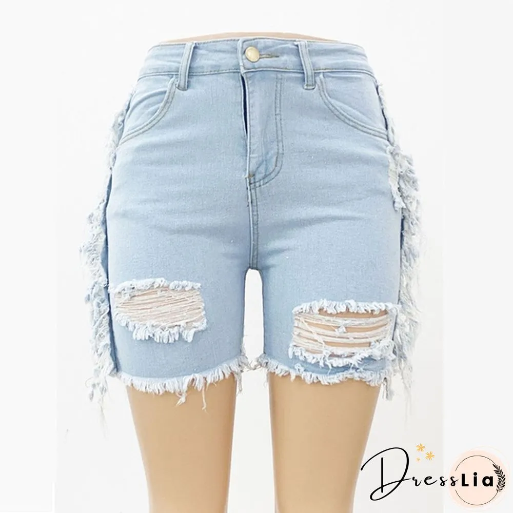 New Tassel Denim Short Women Street Fashion Stretch Ripped Denim Shorts