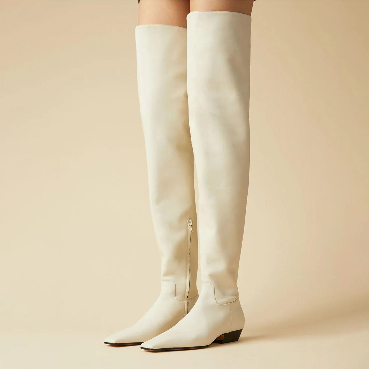 Ivory Square Toe Chunky Heel Thigh High Boots with side Zipper Nicepairs
