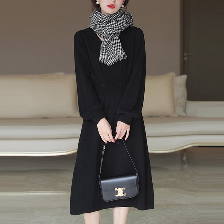 Vintage Long Sleeve Knitted Solid Dresses