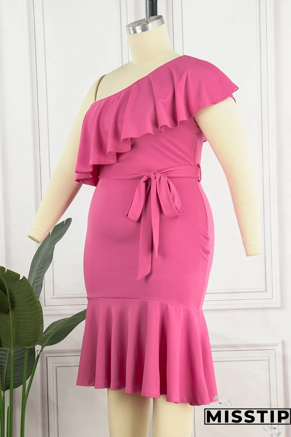 Green Casual Solid Patchwork Backless Oblique Collar Plus Size Dresses
