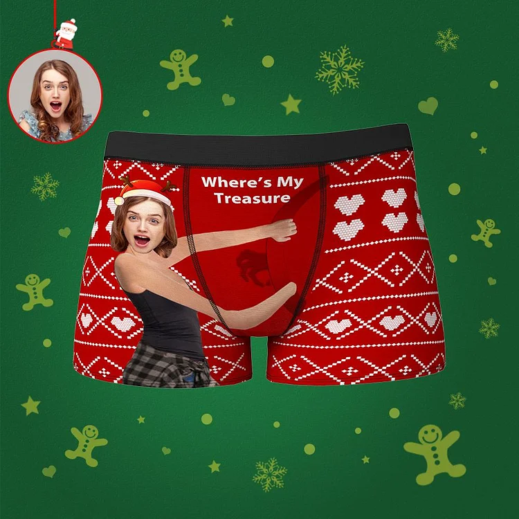 Custom Face Boxer Where's My Treasure Christmas Hug Body Boxer Shorts Your Face With Christmas Hat