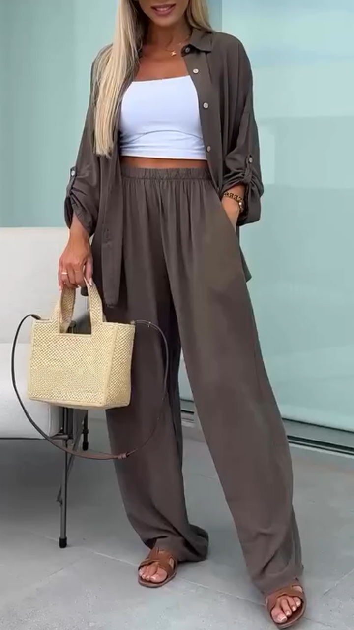 Ladies' Collar Cardigan+pants Casual Set