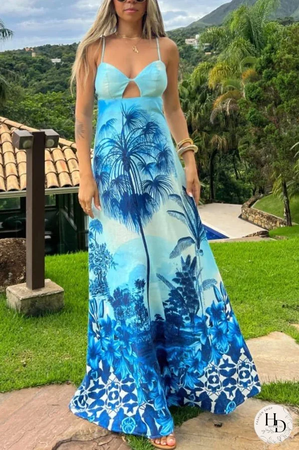 Vacation Blue Suspender Print Dress
