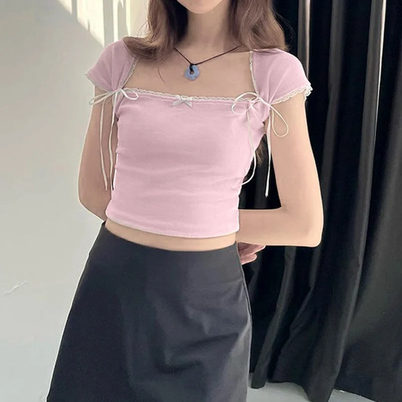 Toloer Toloer Girly Lace Lace Pink Short-Sleeved T-Shirt Square Bow Slim Slim Top-Outfit Ideas