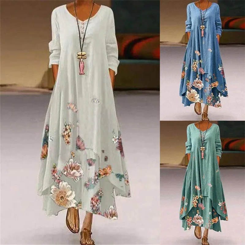 Peneran Summer Floral Print Long Sleeve Dresses Women O Neck Buttons Irregular Hem Maxi Dress Loose Plus Size Party Vestidos Long Dress