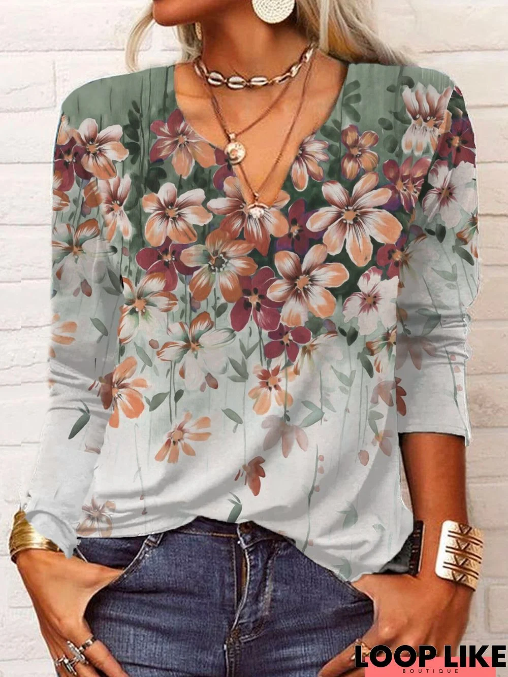 Loose Casual Jersey Red Floral T-Shirt