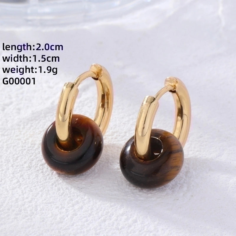 2 Pieces Retro Minimalist Round Plating 304 Stainless Steel Natural Stone Gold Plated Earrings