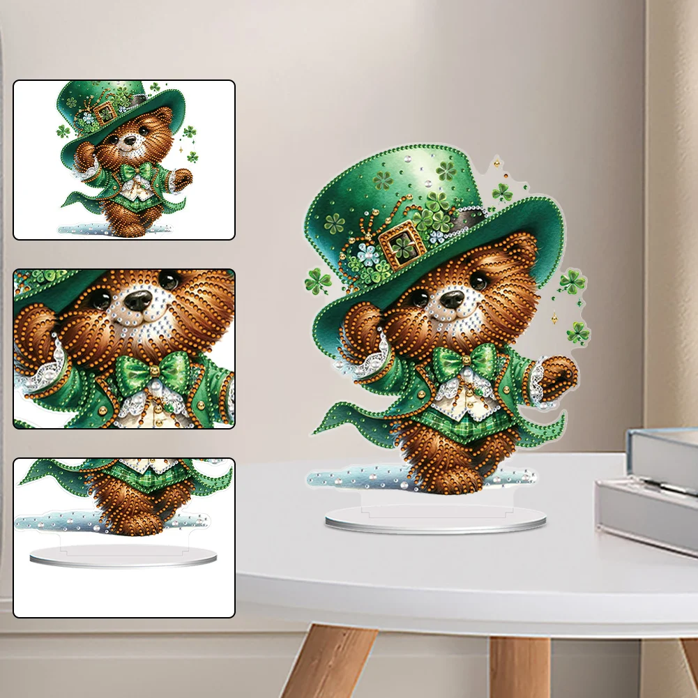 DIY Acrylic St. Patricks Day Bear Special Shape Diamond Painting Tabletop Ornament Creative Home Decor & Gift Idea for Adults - Relaxing Craft Activity