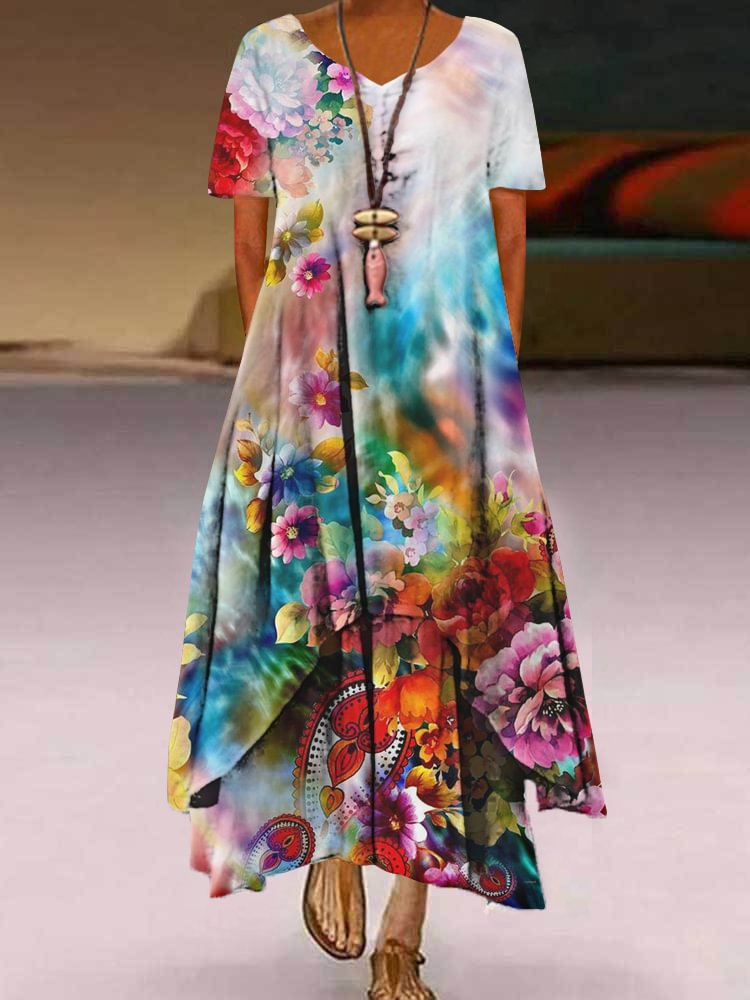 Fashion Round Neck Short Sleeve Print Plus Size Maxi Dress P181144857