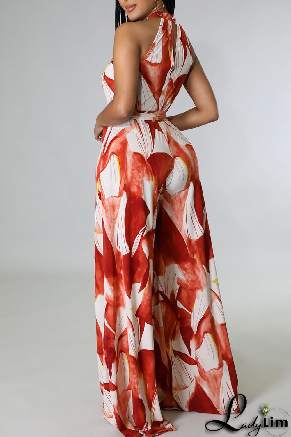 Red Casual Print Bandage Split Joint O Neck Straight Jumpsuits