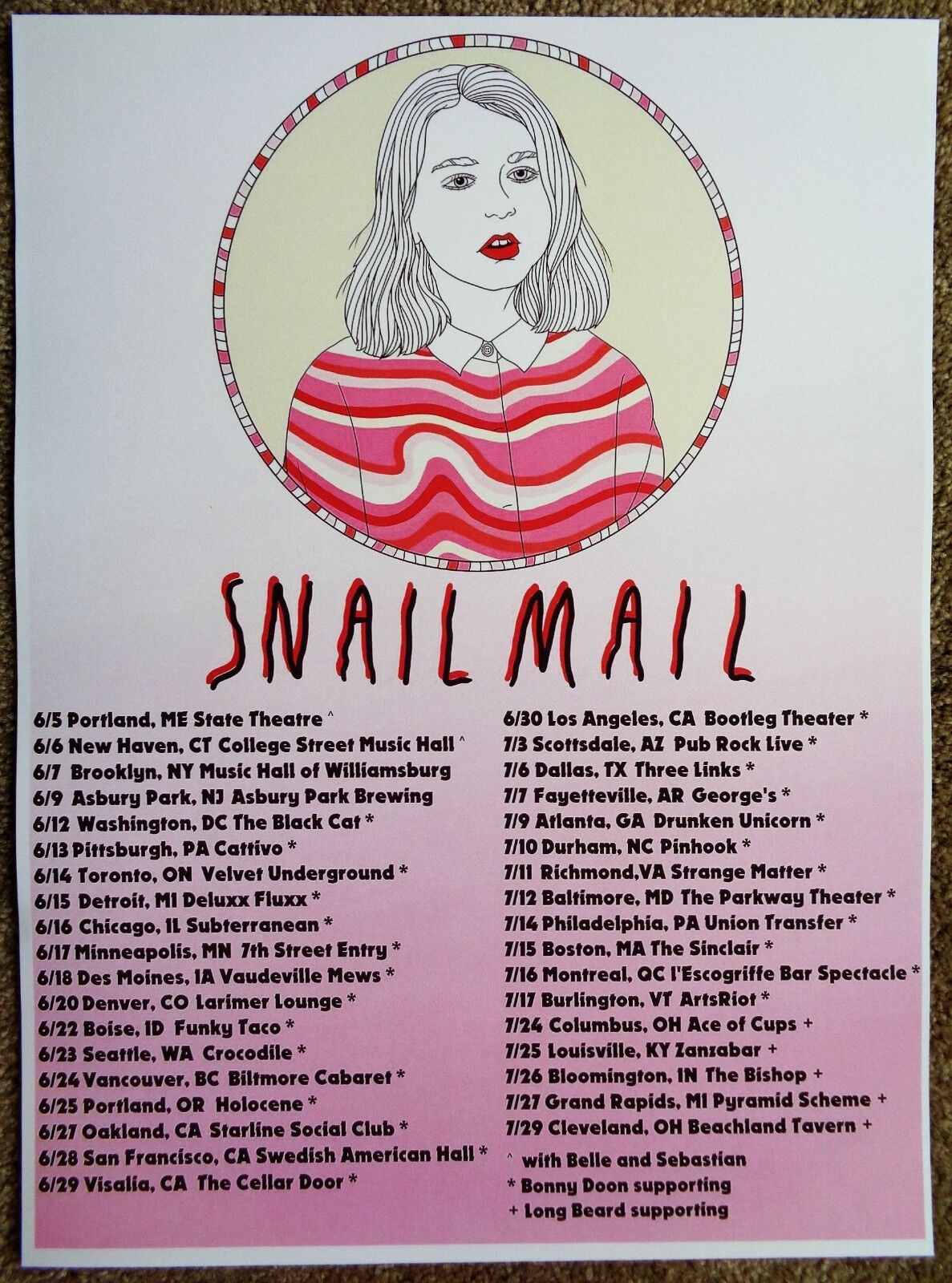 SNAIL MAIL 2018 Tour POSTER Gig Concert Lindsey Jordan June-July