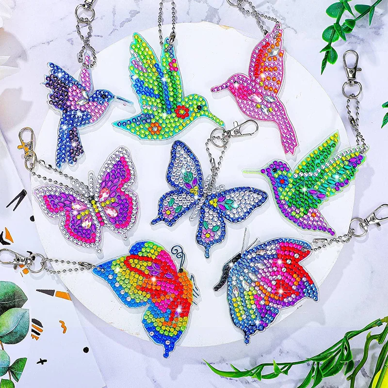8pcs Birds And Butterflies DIY Diamond Double-Sided Keychain
