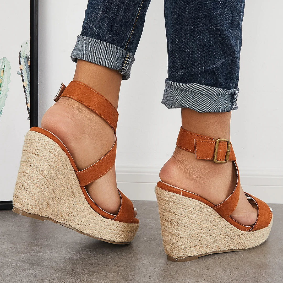 Criss-Cross Ankle Strap Espadrille Wedge Platform Sandals