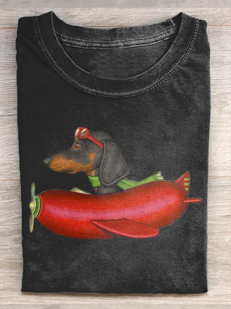 Unisex Funny Sausage Dog Dachshund Illustration Print Graphic Casual Round Neck T-Shirt