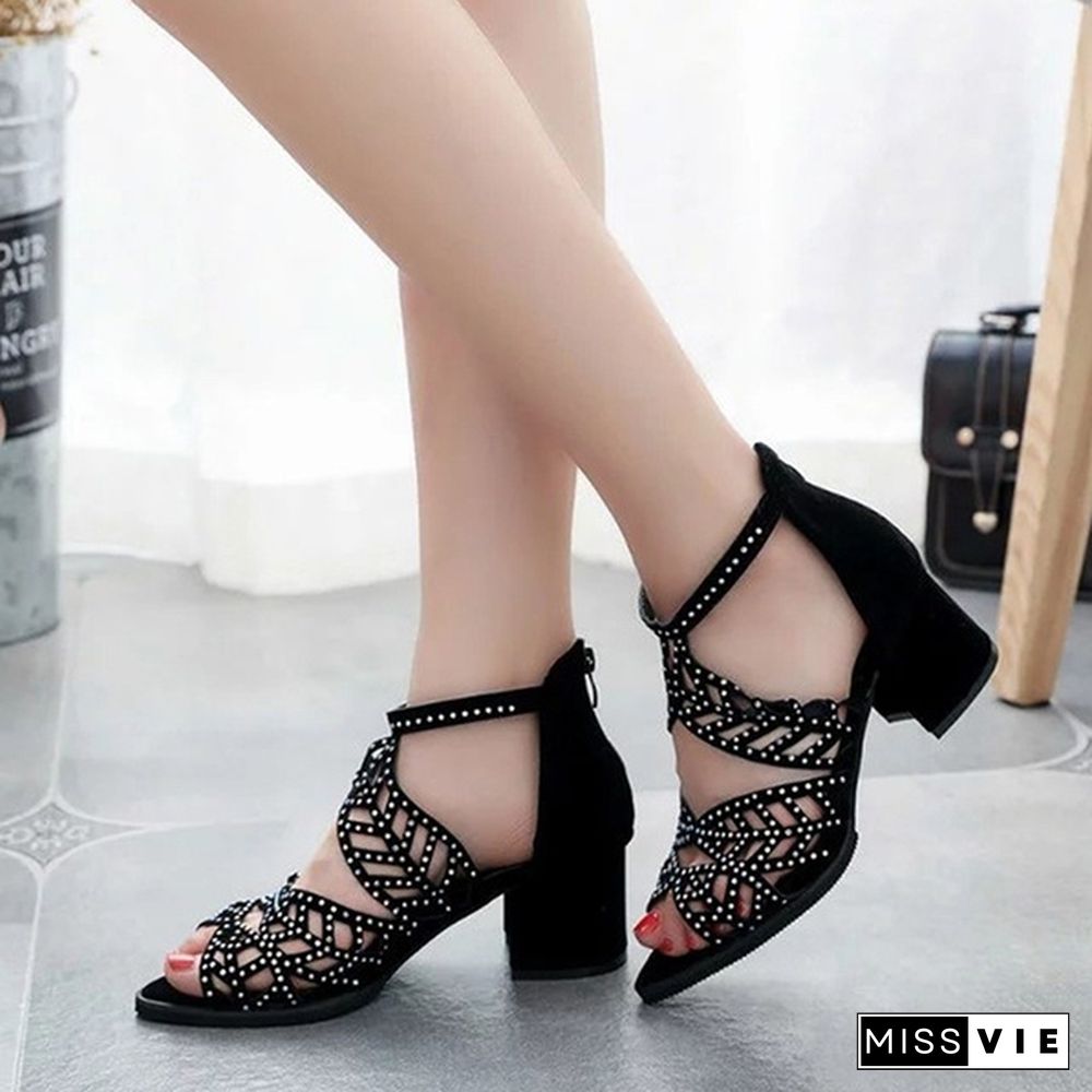 Women Sandals Fashion Elegant Party Shoes Zip Mid Square Cover Heel Platform Summer Sandals Women Sequined Shoes