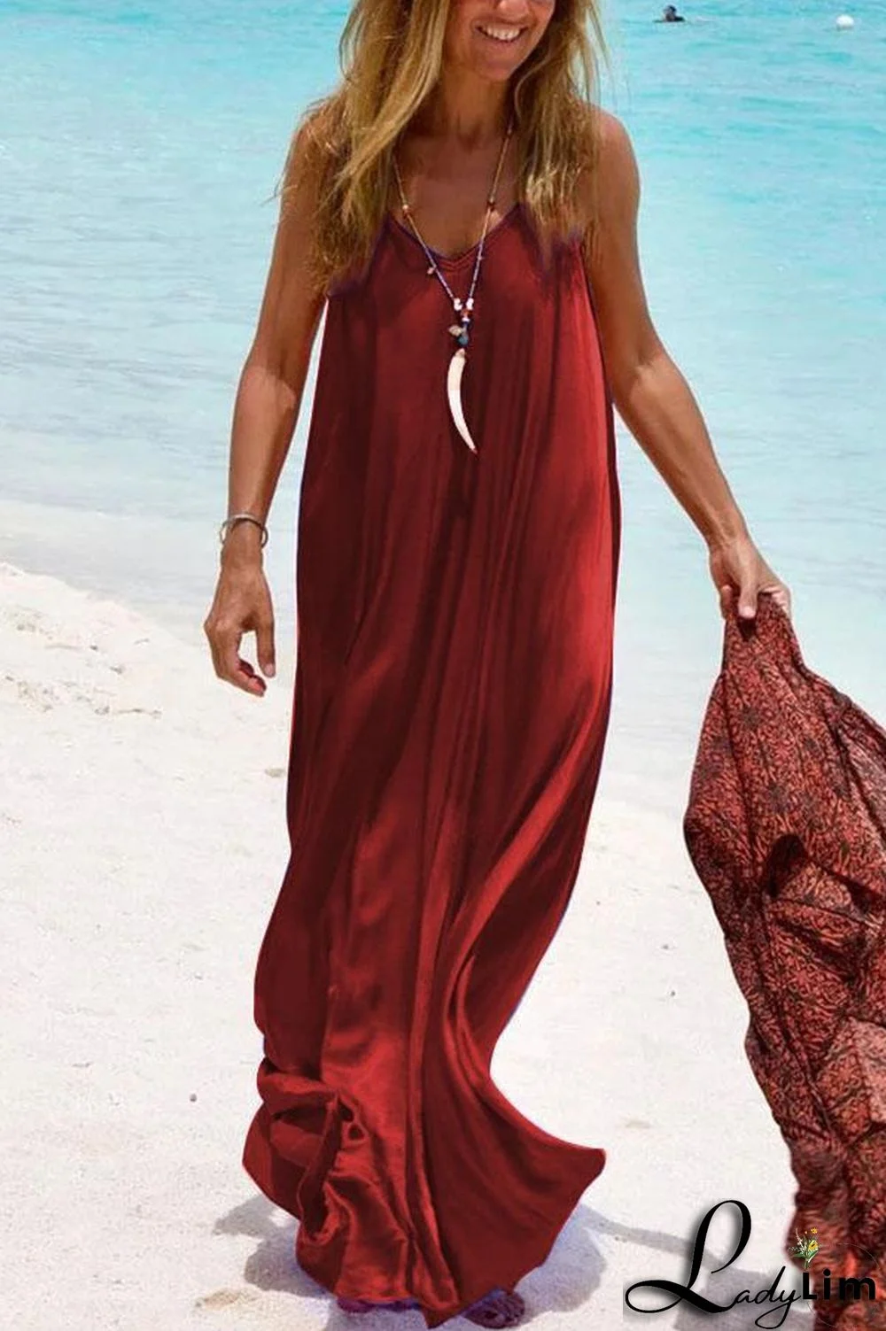 Solid V-neck Sleeveless Casual Sling Maxi Dress