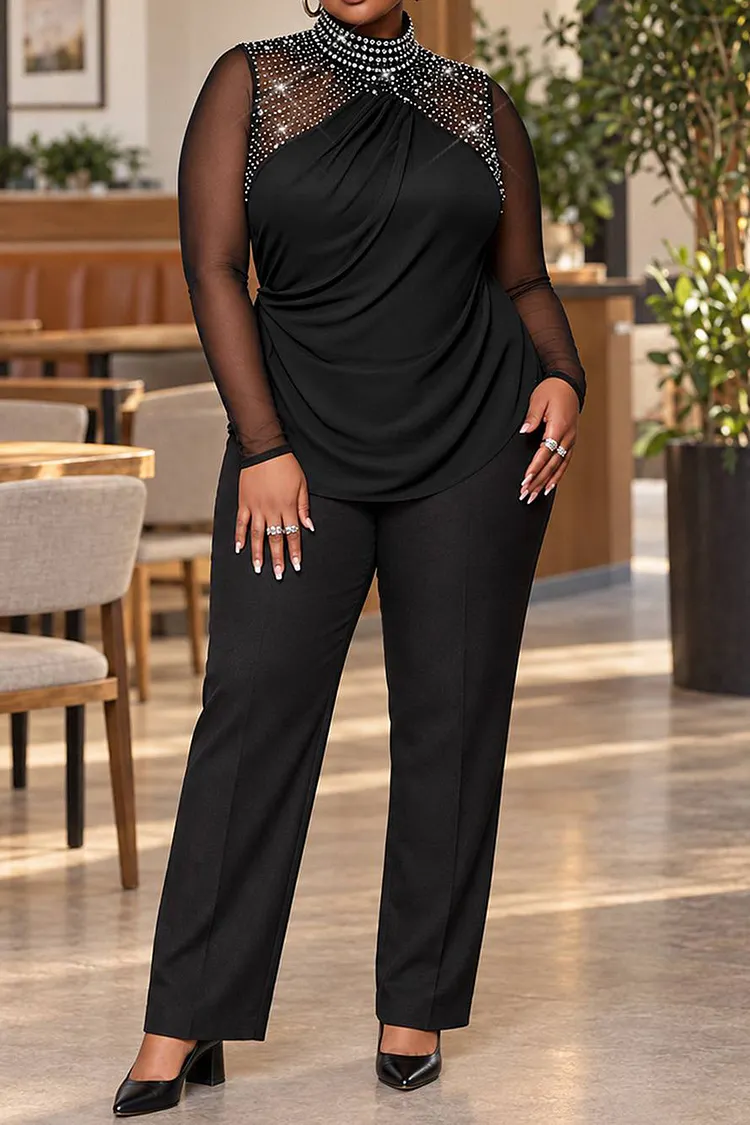 Xpluswear Design Plus Size Party Black Mock Neck Long Sleeve