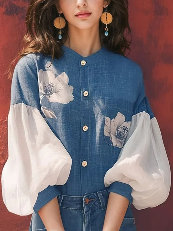 Loose Flower Printed Lantern Sleeve Patchwork Blouses