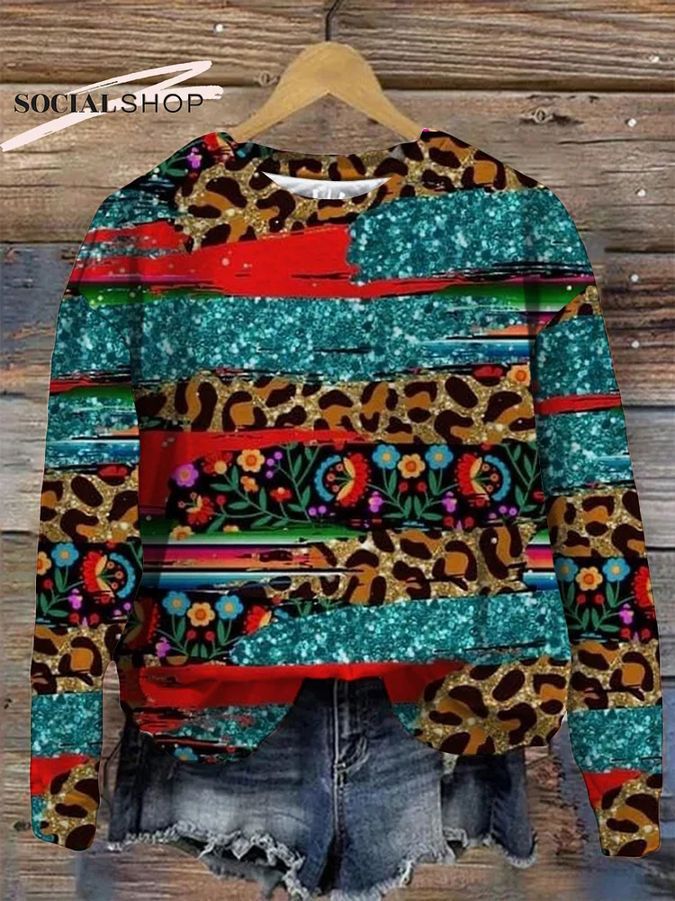 Leopard Blue Bright Color Mosaic Printing Ladies Casual Round Neck Long Sleeves socialshop