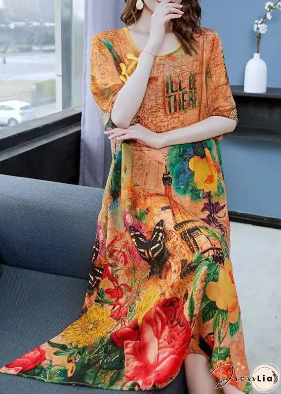 Women Yellow Print Chinese Button Patchwork Silk Dress Summer