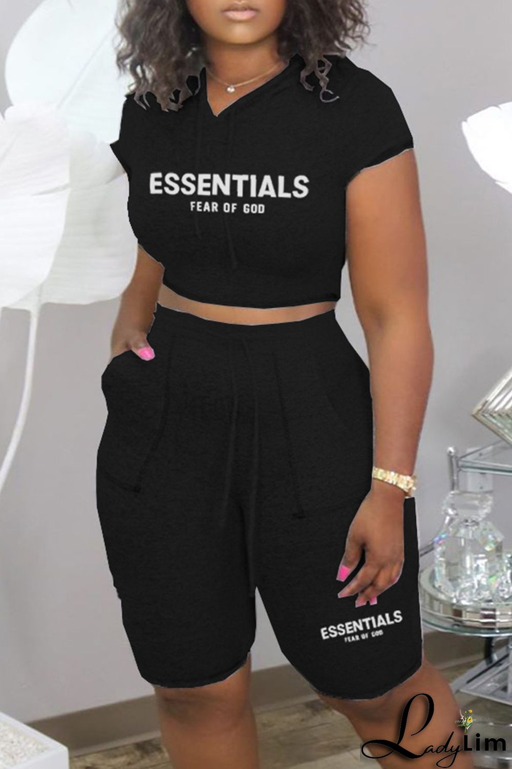 Burgundy Casual Letter Print Basic Hooded Collar Short Sleeve Two Pieces