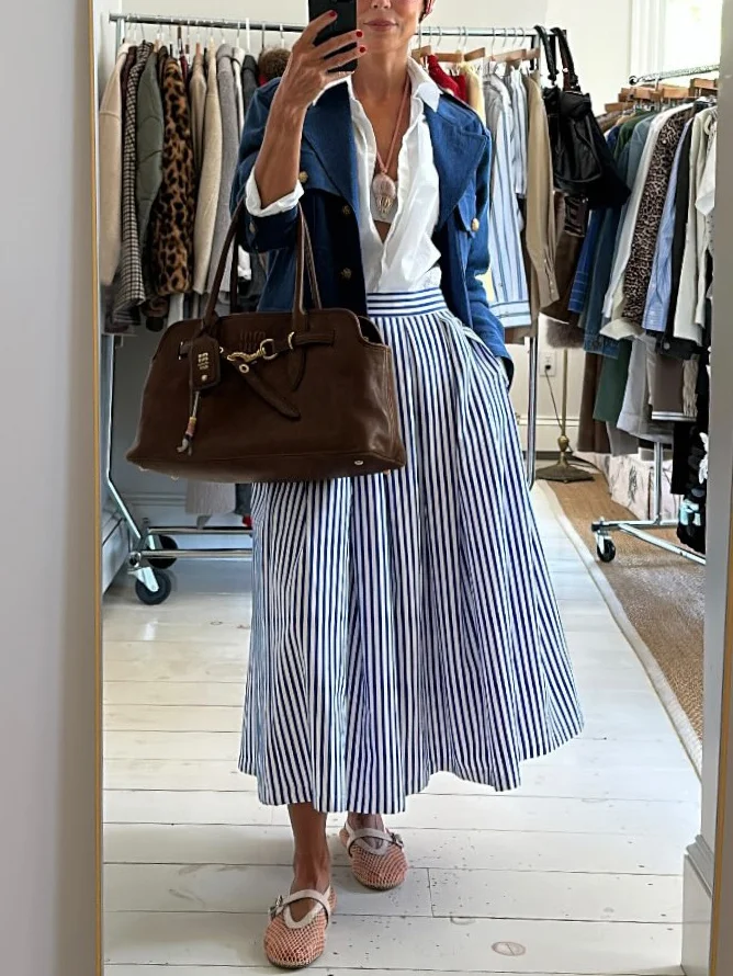 Striped High-waisted Pleated Maxi Skirt