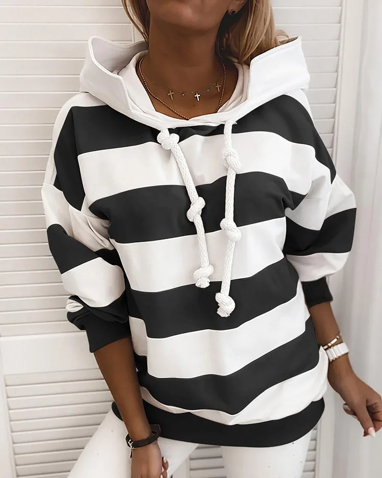 Striped Colorblock Long Sleeve Hooded Sweatshirt P3790429472