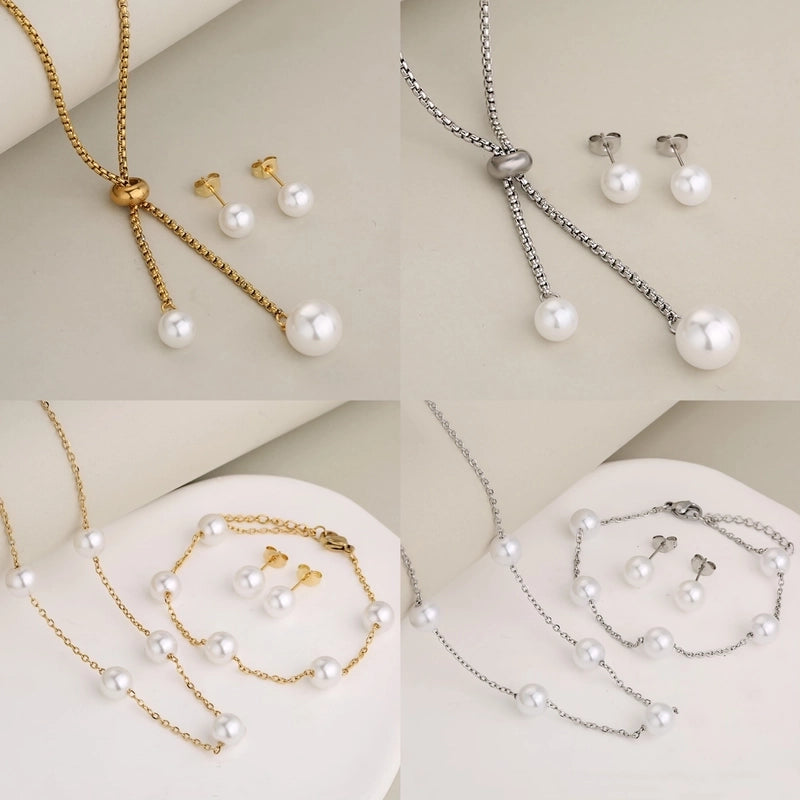 Elegant Round 304 Stainless Steel Pearl 18K Gold Plated Plating Inlay Jewelry Set