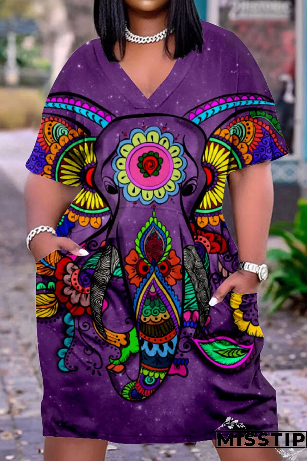 Khaki Fashion Casual Print Basic V Neck Short Sleeve Dress